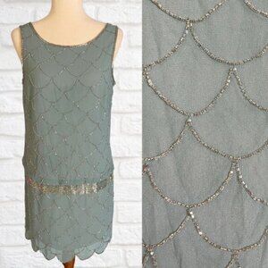 Blue Gray Adrianna Papell Fish Scale Beaded Drop Waist Sleeveless Dress Sz 8 20s
